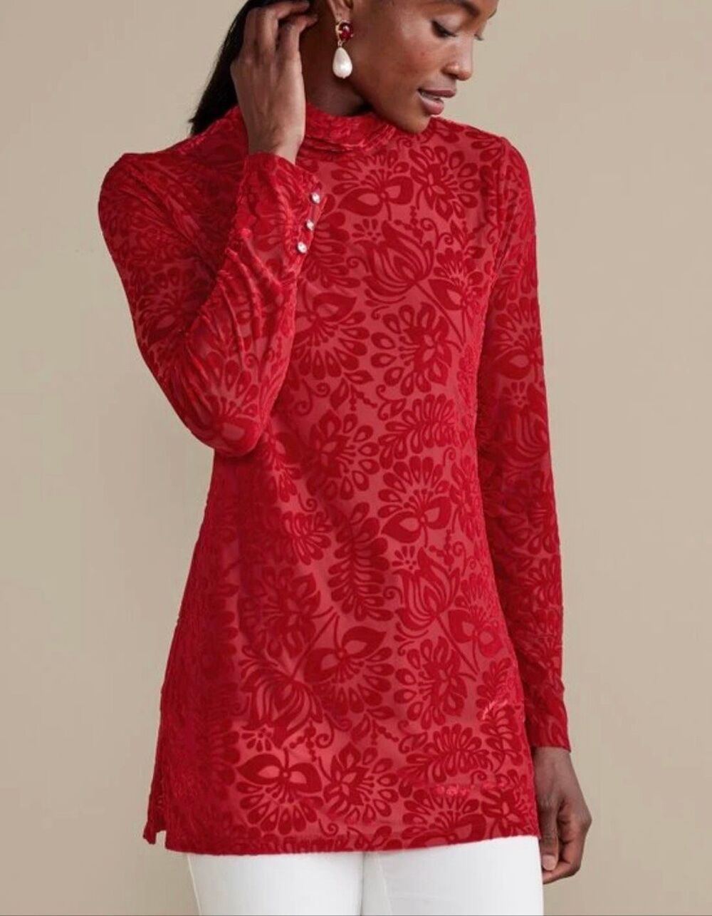 Soft Surroundings $99 Women's Walden Velvet Turtleneck Tunic Top Red XL NWT